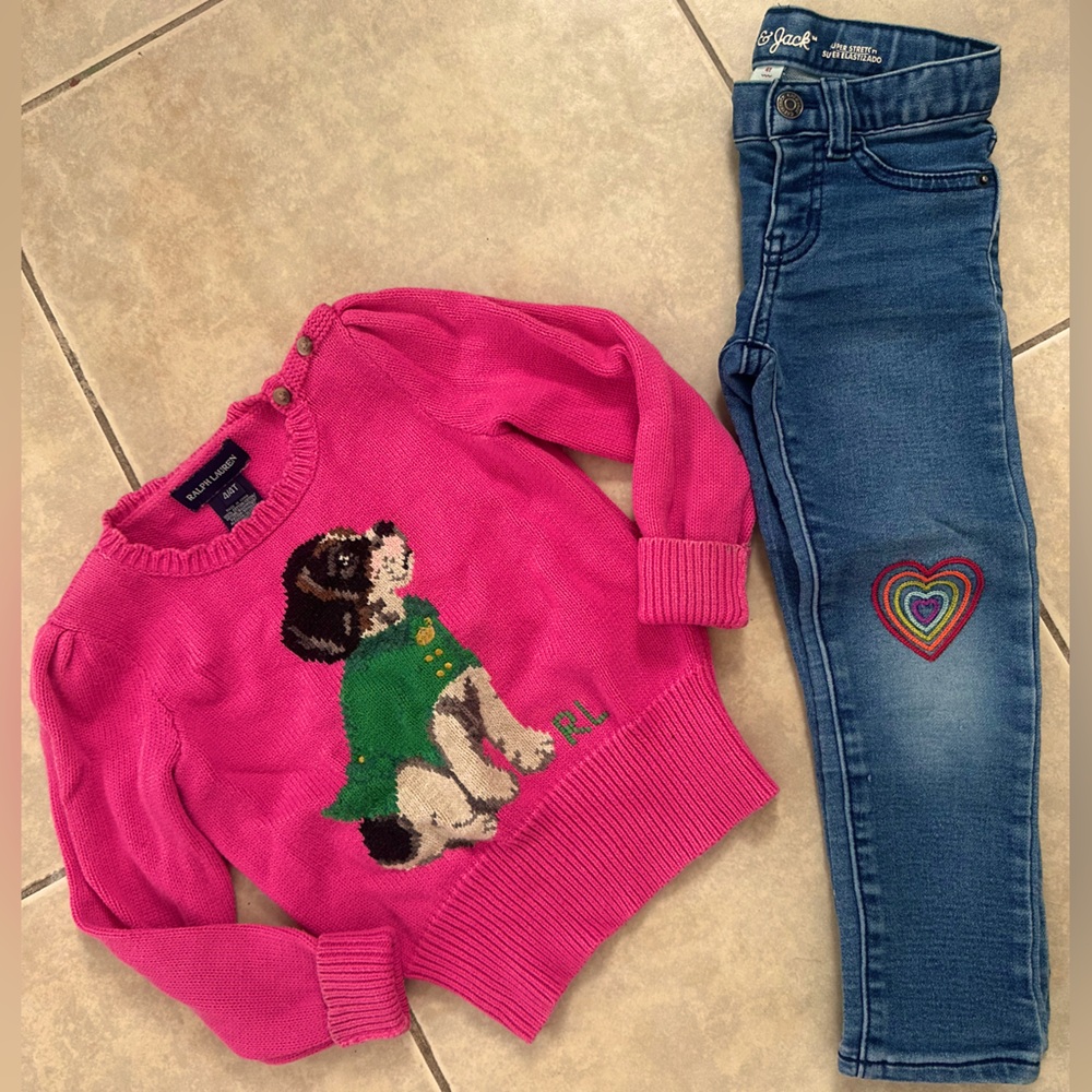 Ralph Lauren Pink Dog Cotton Crewneck Sweater and heart Jeans Set size 4T